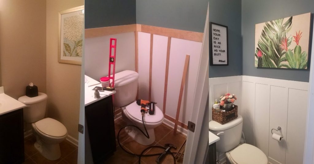 before, during and after pictures of bathroom update with diy wainscoting