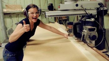 Emilee Anderson from Mama Needs a Project learning woodworking skills at the wood hobby shop on Marine Corps base in 29 Palms in 2012