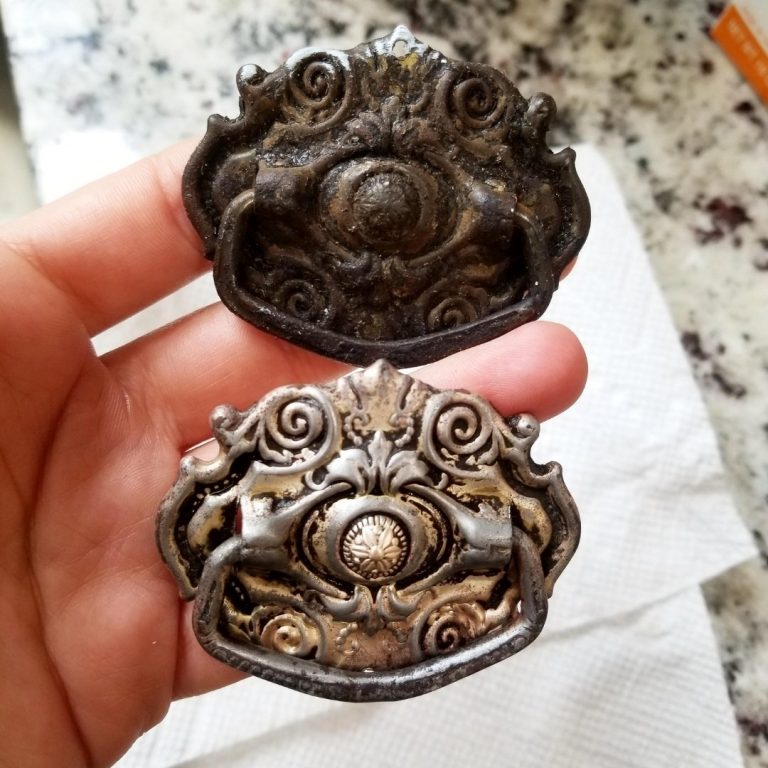 before and after of cleaning antique drawer pulls