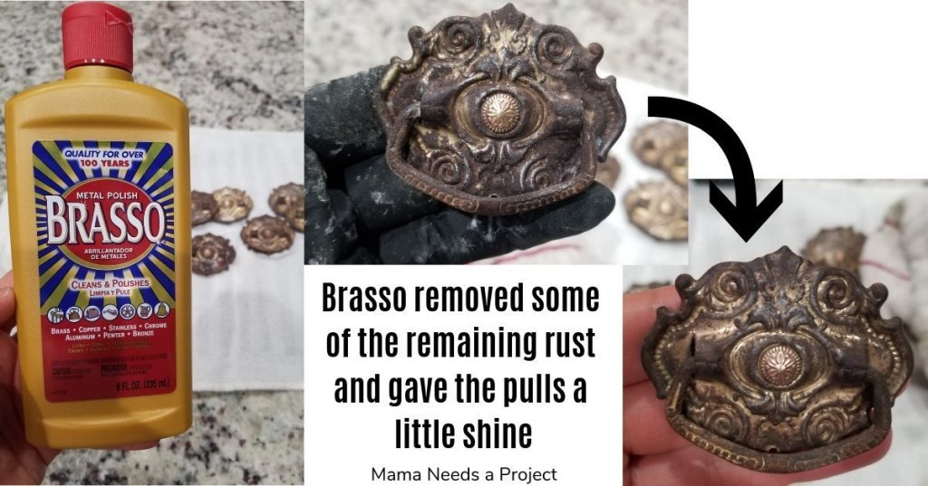 Brasso removed some of the remaining rust from the antique drawer pulls and gave the pulls a little shine
