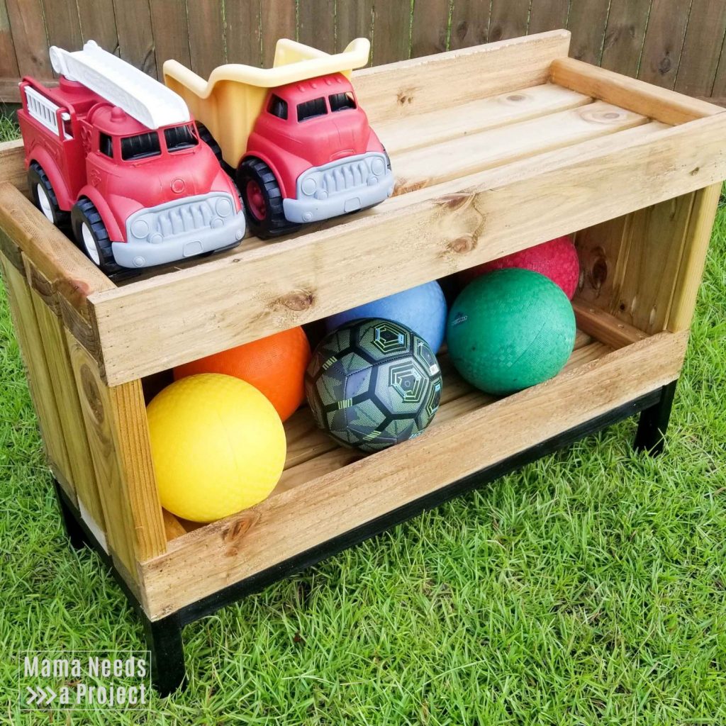 outdoor toy storage shelf, open toy shelving for toddlers with outdoor toys