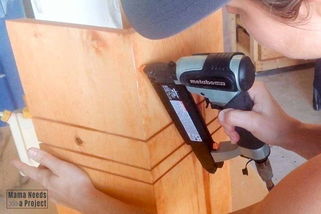 use a pin nailer to secure sides of diy modern wood planter