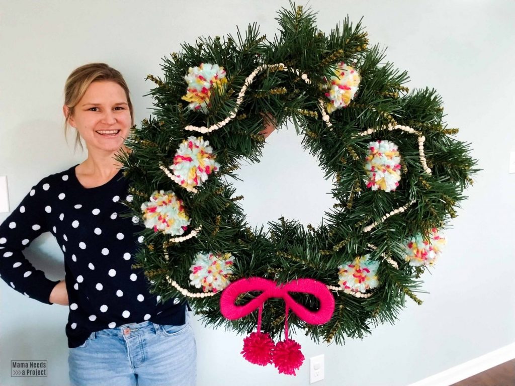 completed winter pom pom wreath