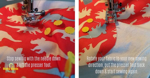 how to sew around corners for heart applique shirt