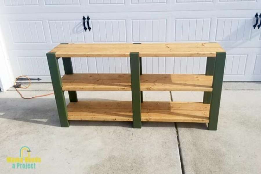 completed basic storage shelf in green and light wood finish
