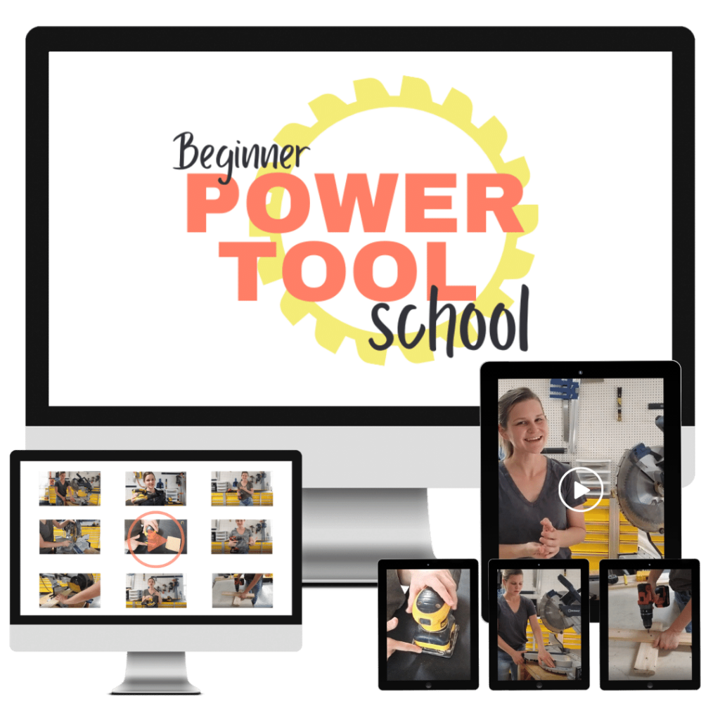 Beginner Power Tool School on computer screen with computer screen and tablets showing video shots from the course